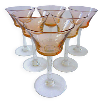 Set of six (6) sherry, port or commandaria glasses in two-tone glass.