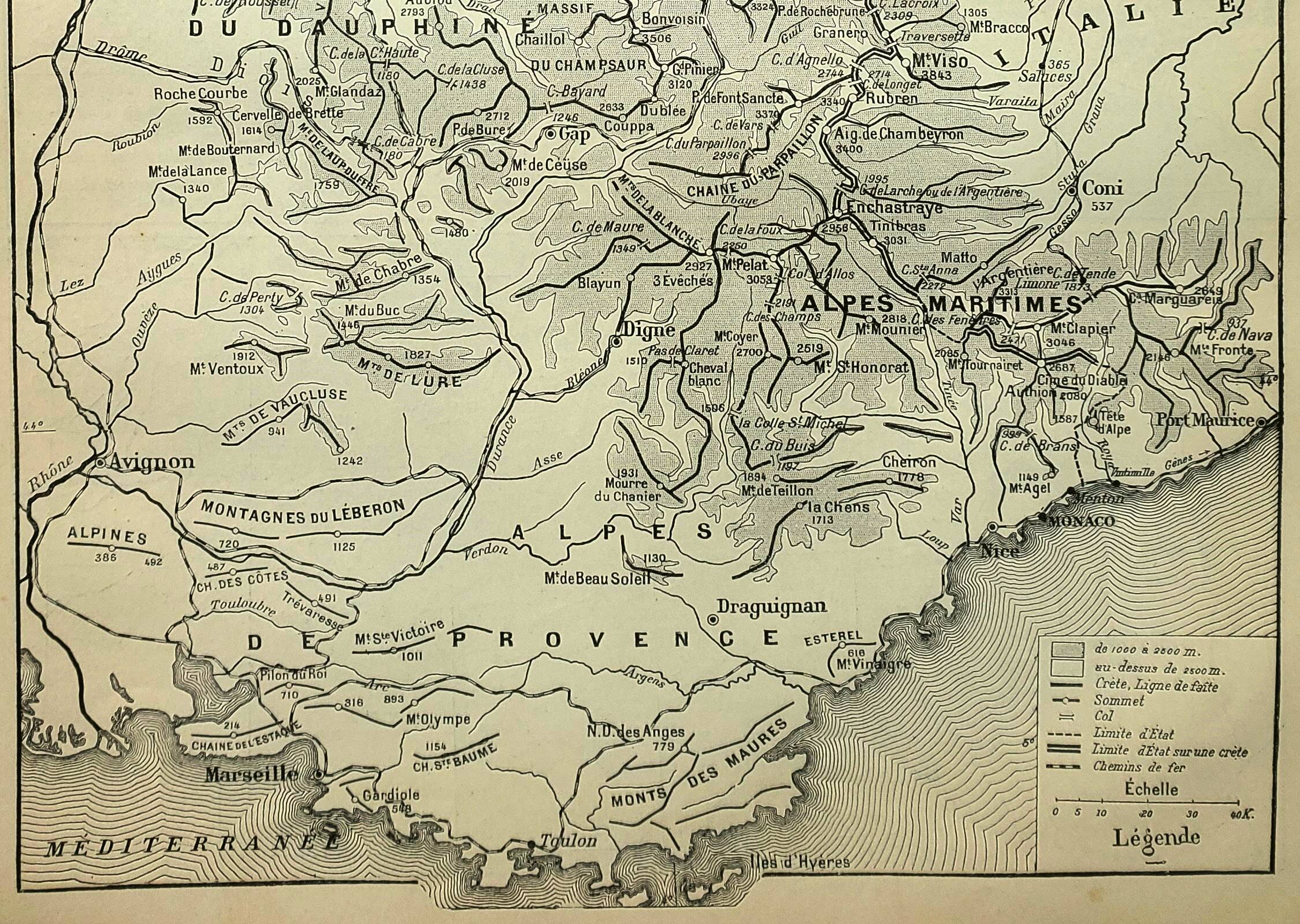 Antique engraving 1898, French Alps, map, mountain • Lithograph, original illustration