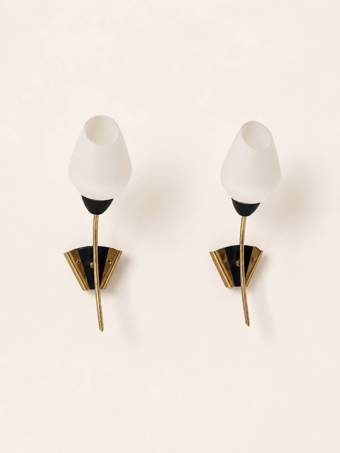 Pair of vintage wall lights, brass and opaline, France, 1960.