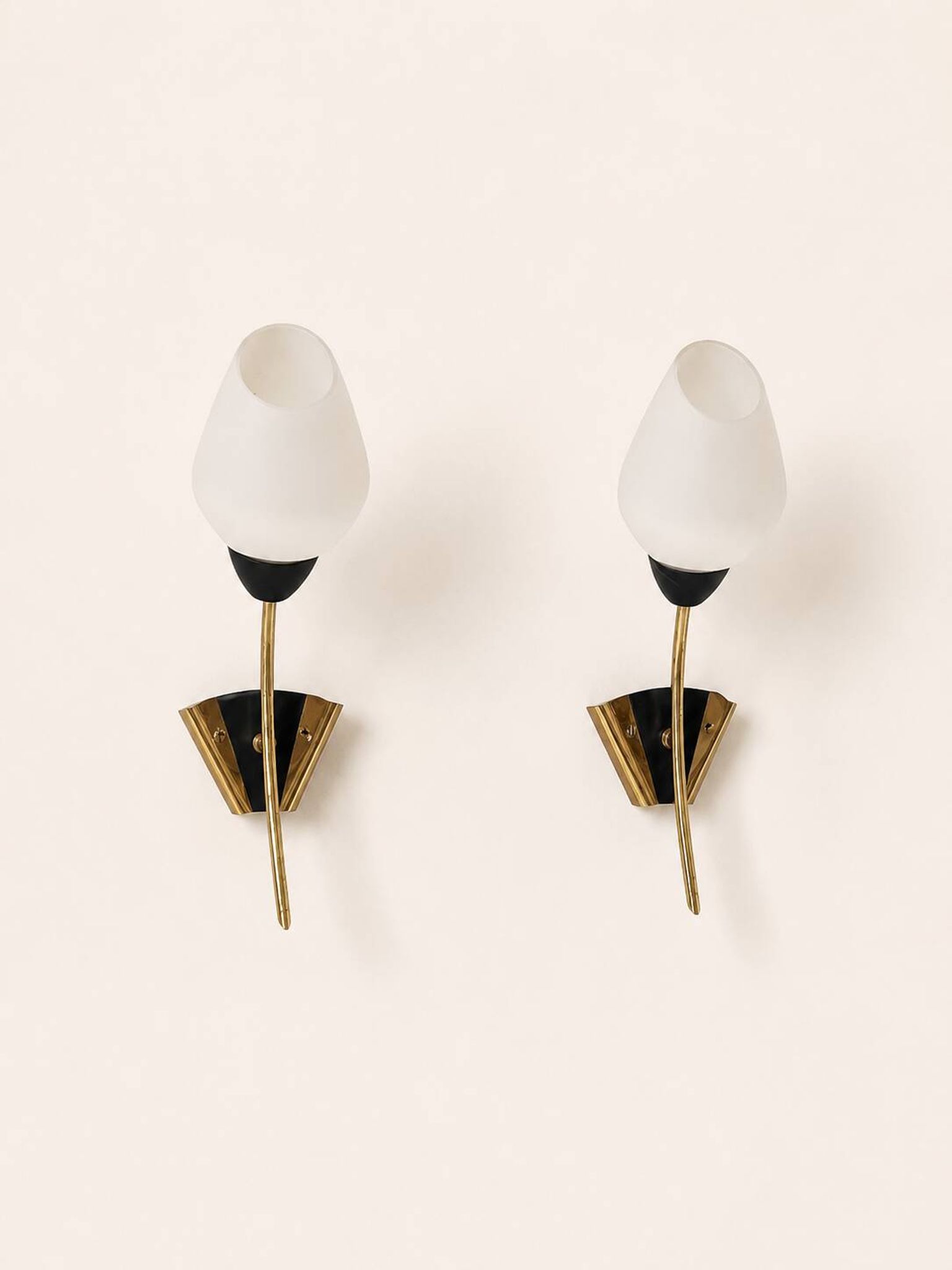 Pair of vintage wall lights, brass and opaline, France, 1960.