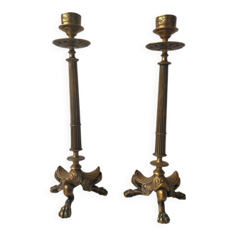 Pair of gilded bronze candlesticks with lion's paws - Empire style, 19th century