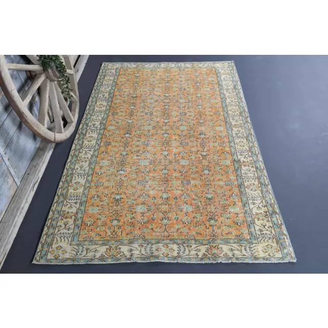 Vintage Turkish Oushak handmade wool cotton orange rug 161x267