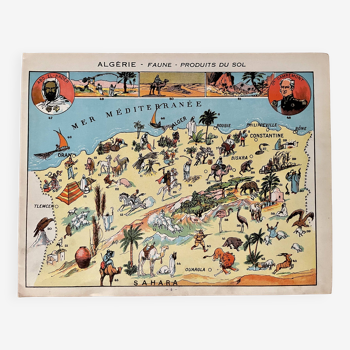 Affiche ancienne carte de Algérie (faune et produits du sol) - 1931