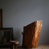 Sculptural brutalist armchair handcrafted in solid pine, Wabi Sabi style, Sweden, 1970s.