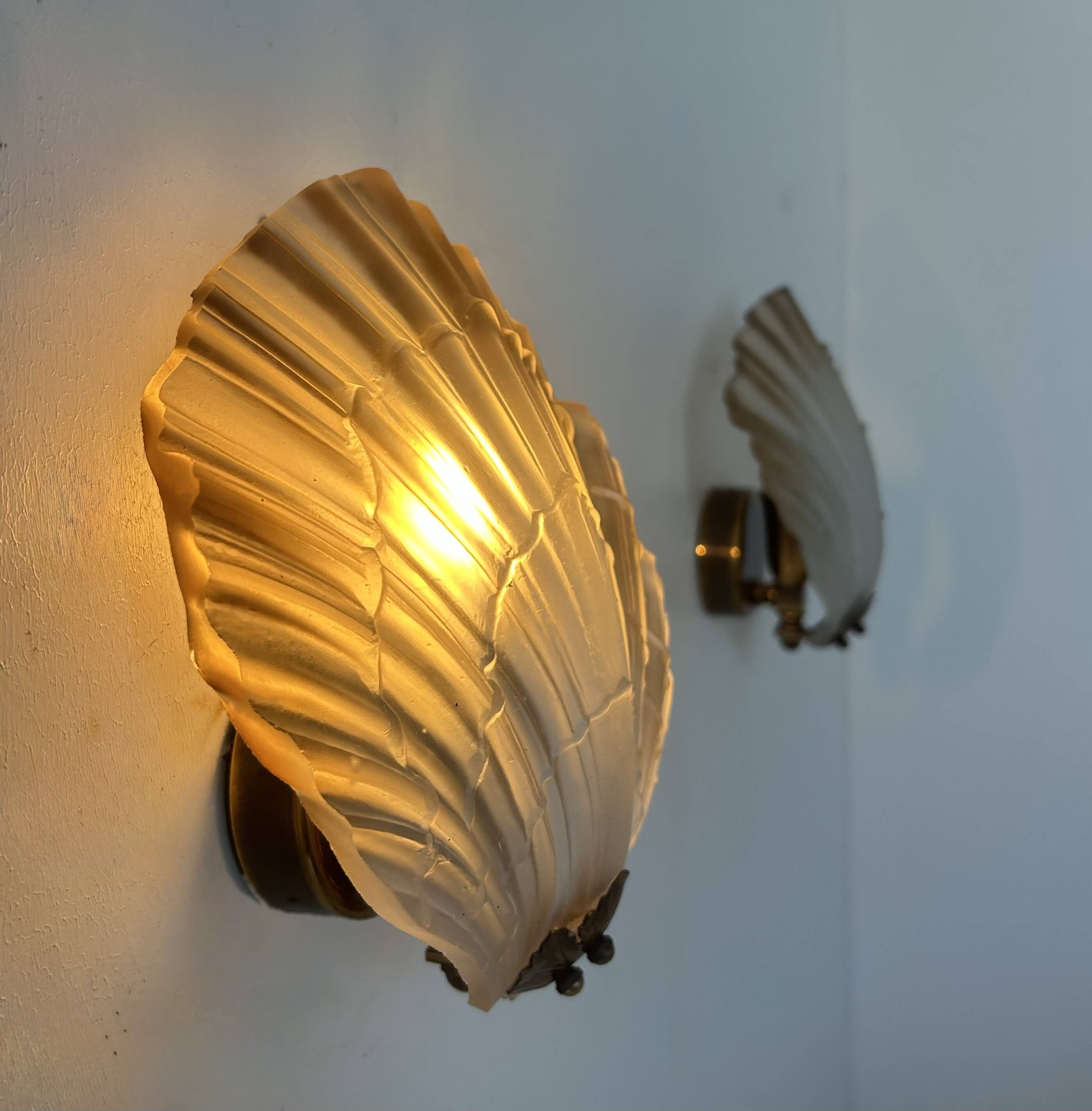 Pair of shell wall lights, glass and brass, France 1960