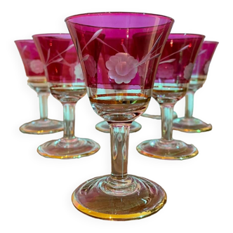 Set of 7 red and gold crystal glasses