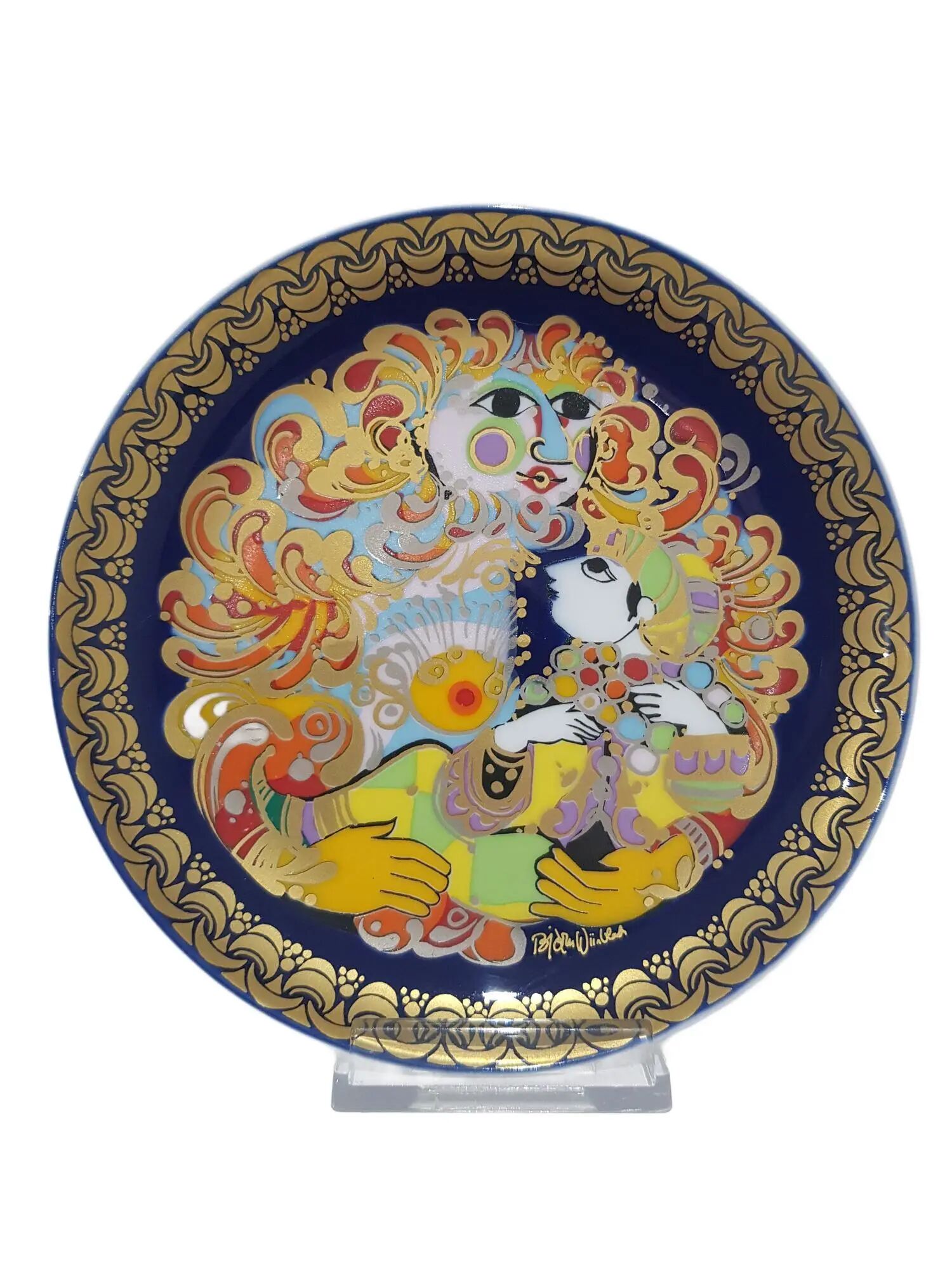 Alladyn plate no. V, cobalt blue, gold, porcelain, design by B. Wiinblad, Germany, 1980s.
