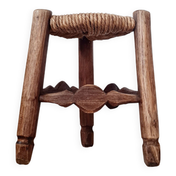 Petit Tabouret Tripode Vintage en Bois & Paille Tressée
