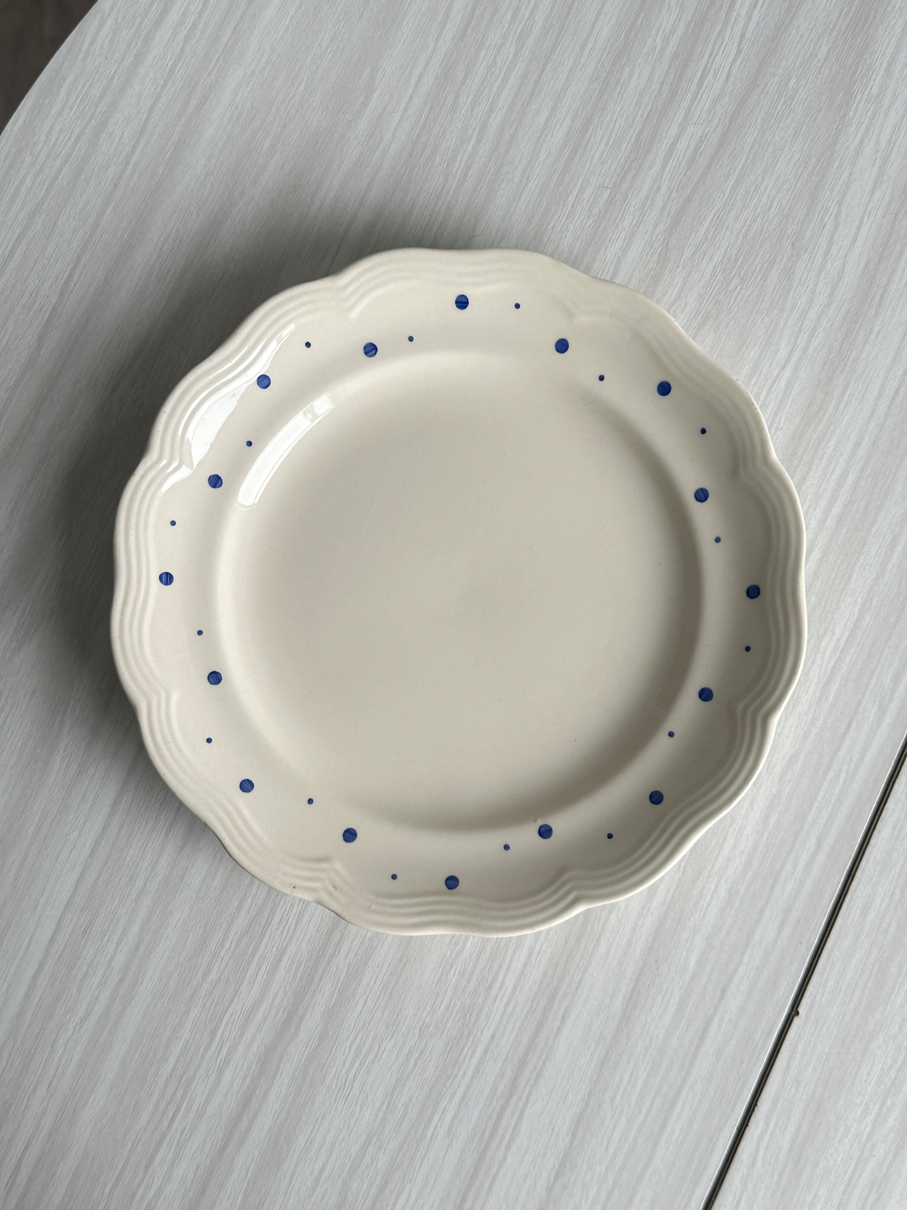 Vintage blue polka dot plate with scalloped edge