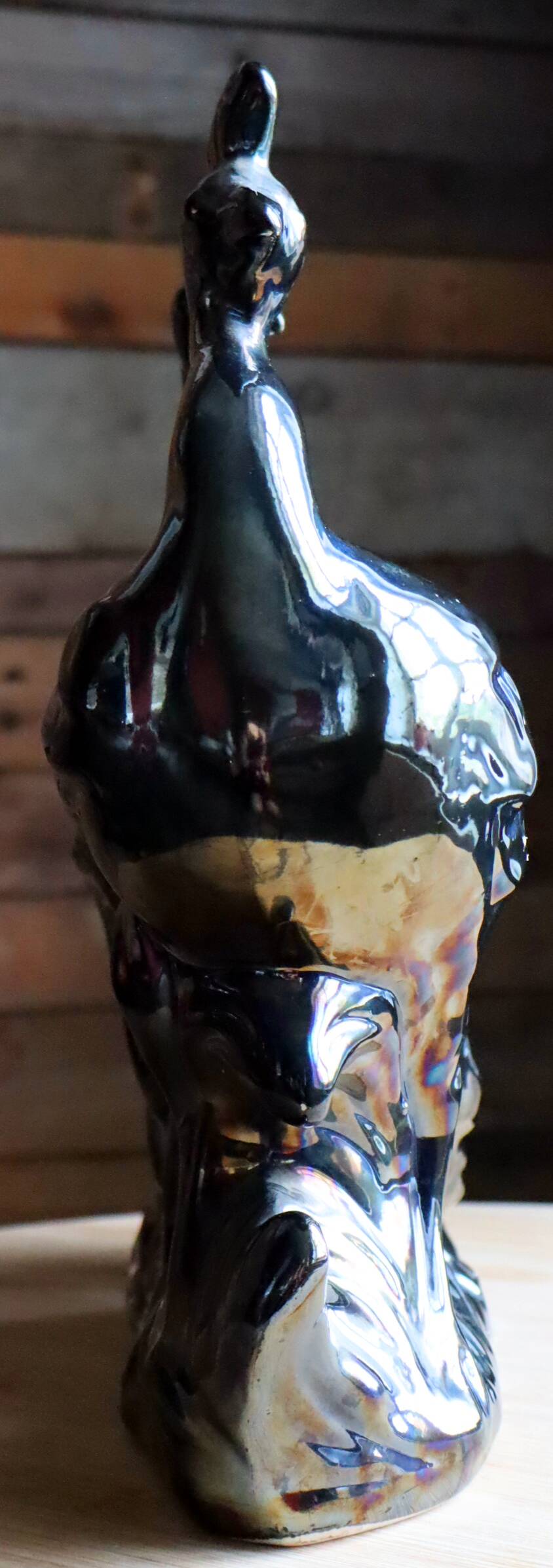 Large iridescent black ceramic peacock sculpture - 1970s