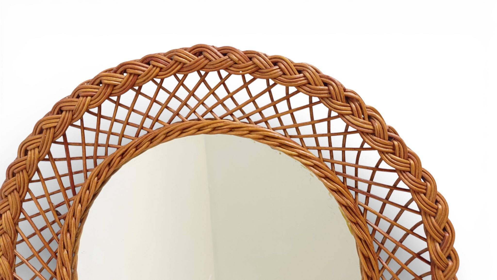Rustic French Provence Wicker Round Mirror, Organic Modern, Handmade, France