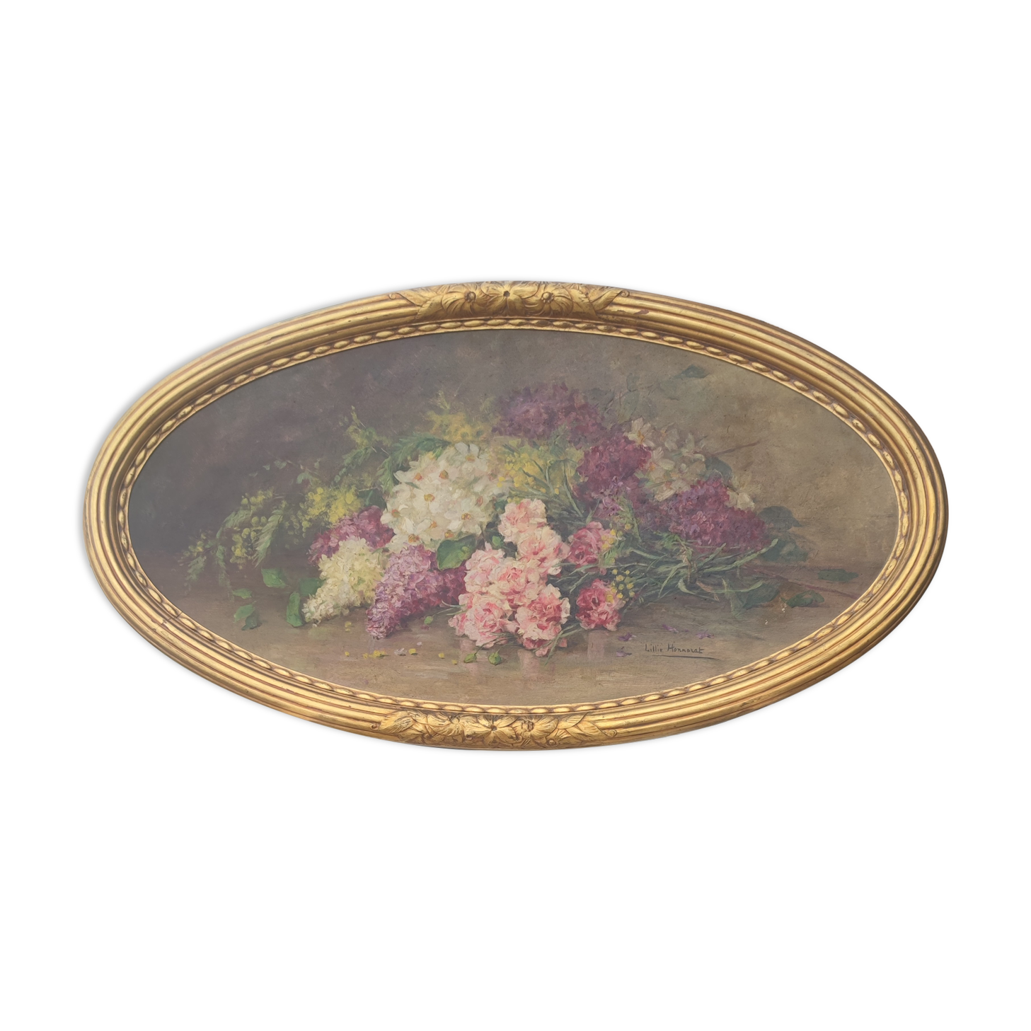 Elliptical table still life bouquet of flowers oil on wood by Lillie Honnorat