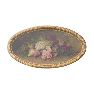 Tableau elliptique nature morte bouquet de fleurs huile sur bois par Lillie Honnorat