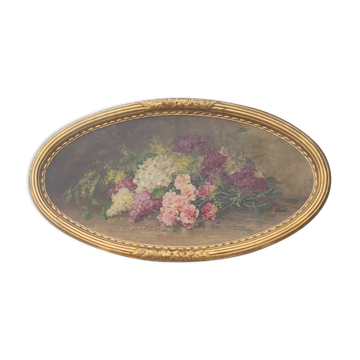 Tableau elliptique nature morte bouquet de fleurs huile sur bois par Lillie Honnorat