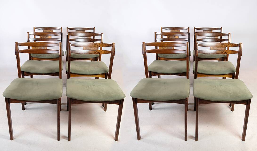 Set Of 12 Dining Chairs Made In Rosewood And Green Fabric