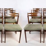 Ensemble de 12 chaises de salle à manger en palissandre et tissu vert