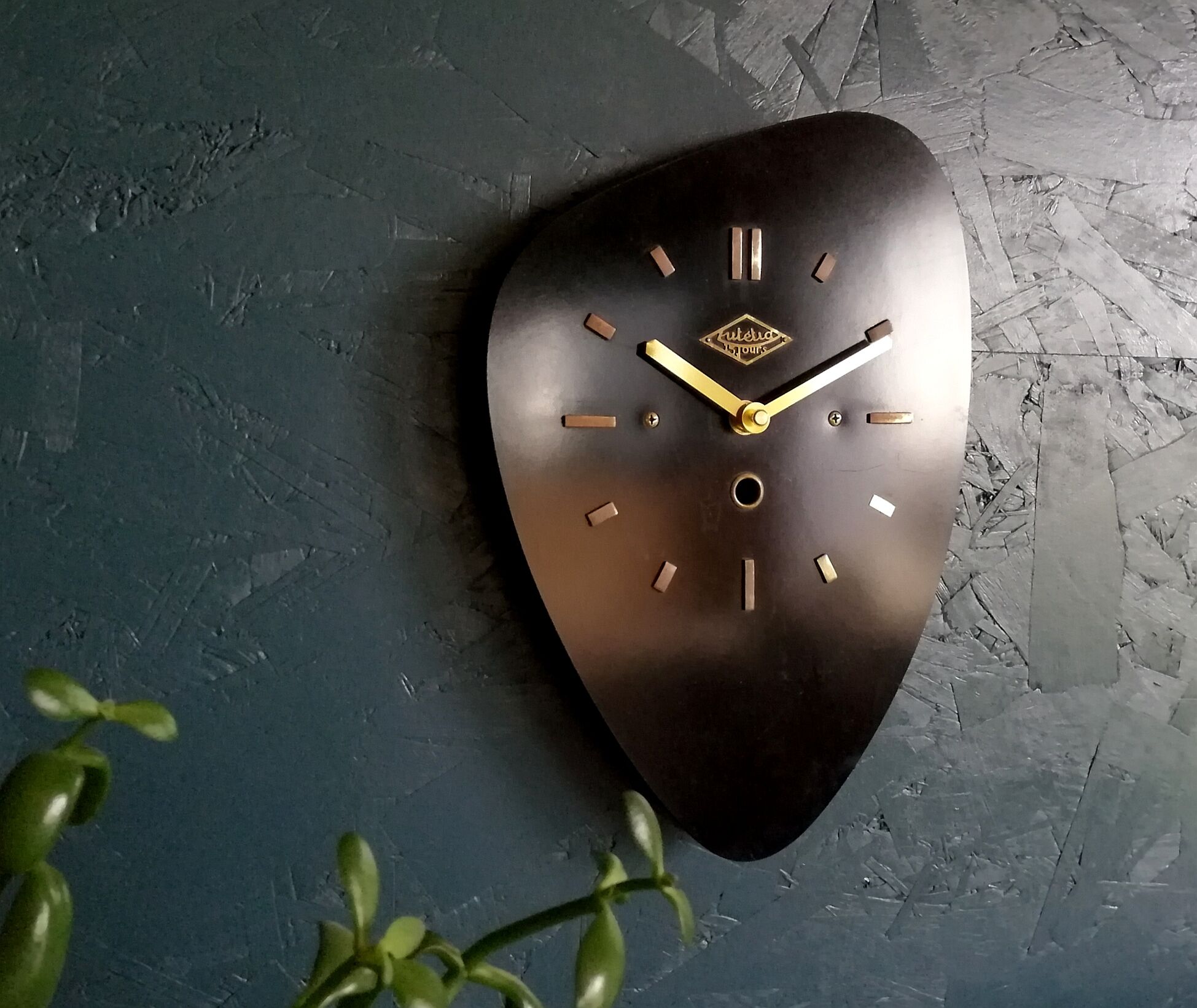 Vintage formica clock asymmetrical silent wall clock "Black Lutecia"