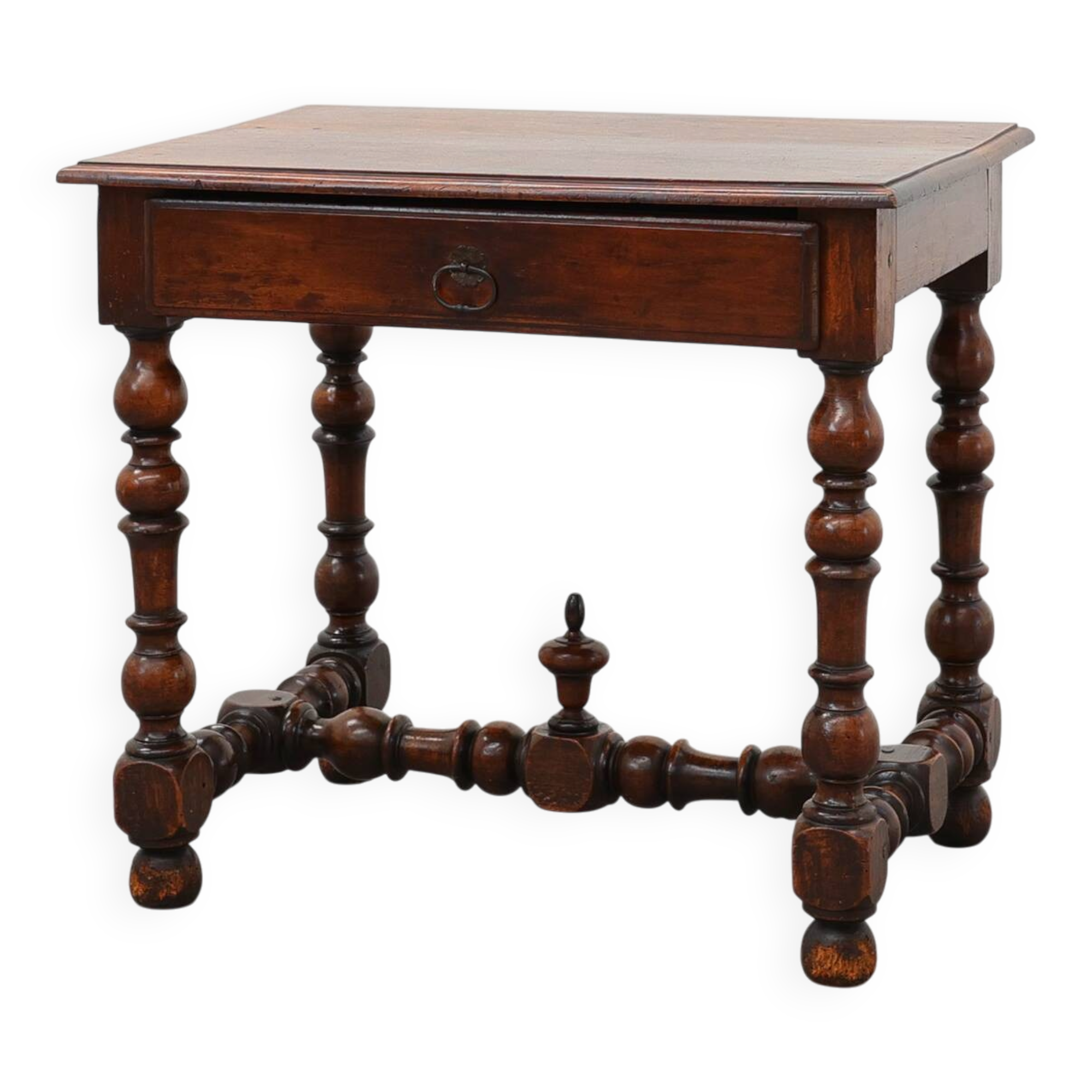 French Louis XIII Walnut Side Table with Drawer and Turned Legs, circa 1850