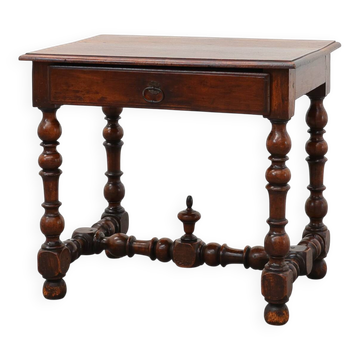 French Louis XIII Walnut Side Table with Drawer and Turned Legs, circa 1850