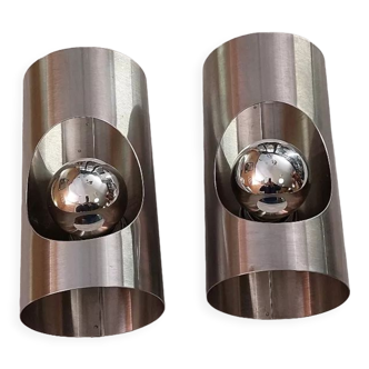 Pair of brushed stainless steel wall lamps