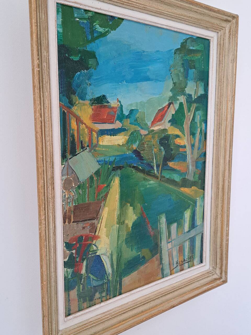 Oil painting on canvas signed Besacier — colourful village landscape
