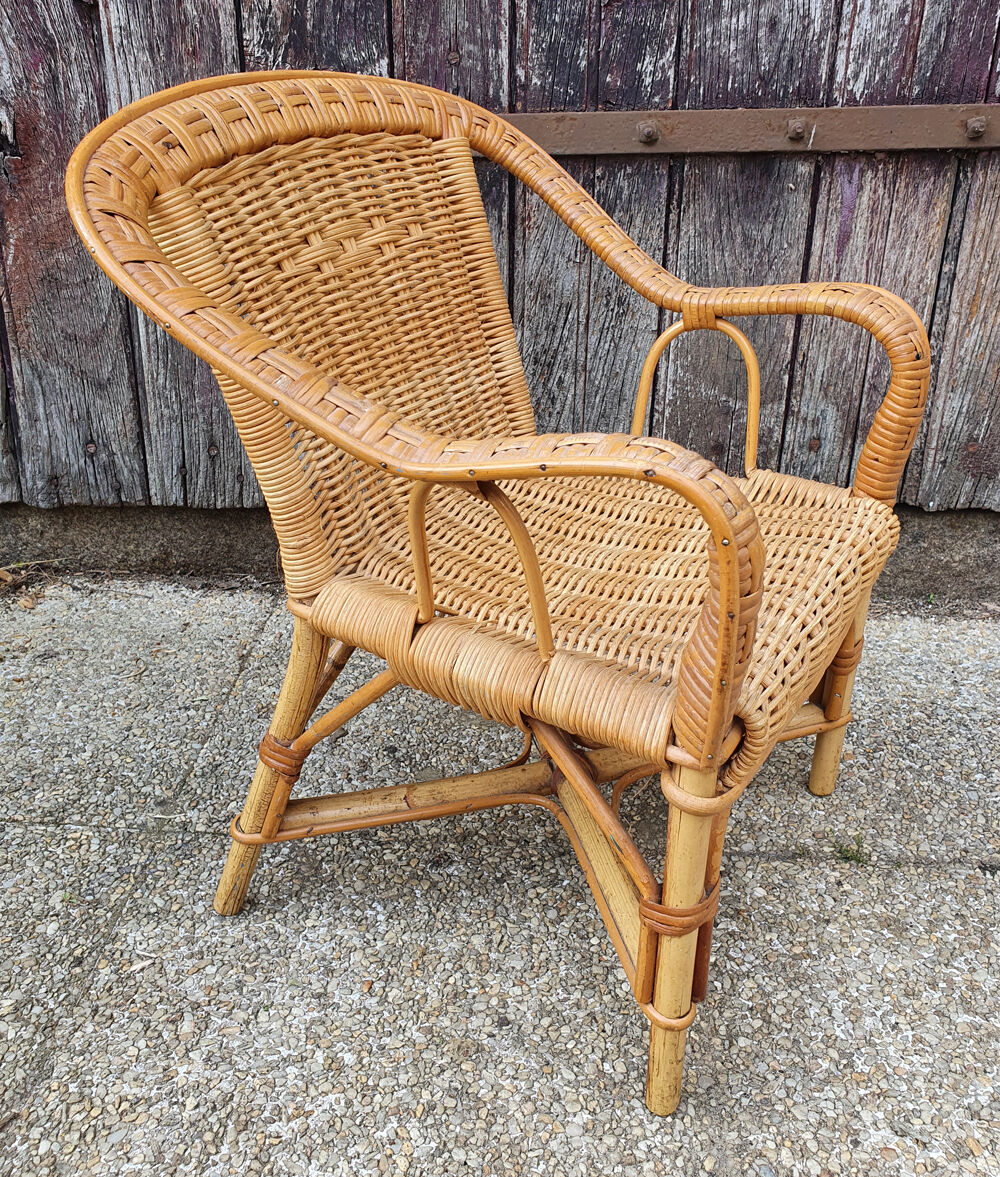 Colonial lounge armchair in rattan and bamboo, vintage, 60s