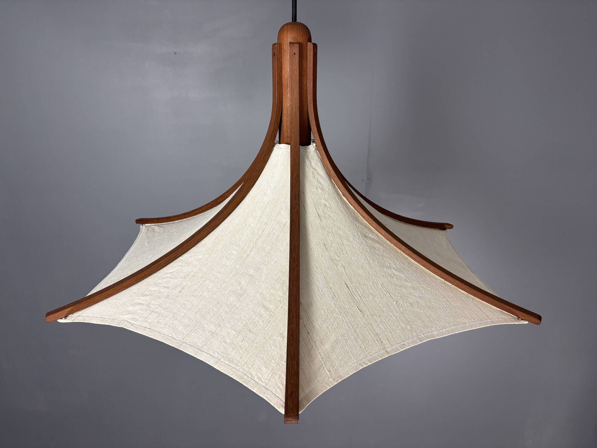Teak And Linen Umbrella Counter Balance Pendant By Domus, 1970s