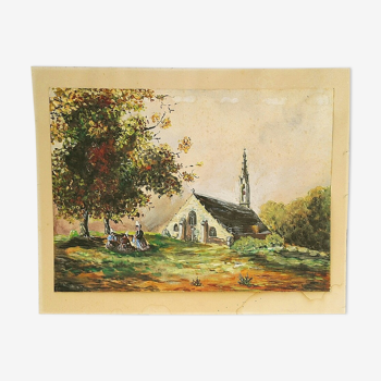 Gouache chapelle bretonne signée H.Raoul bretagne