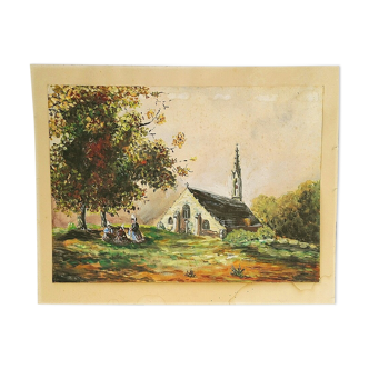 Gouache Breton chapel signed H.Raoul bretagne