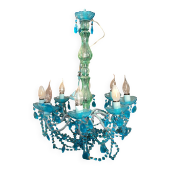 Lustre à pampilles bleu 8 ampoules