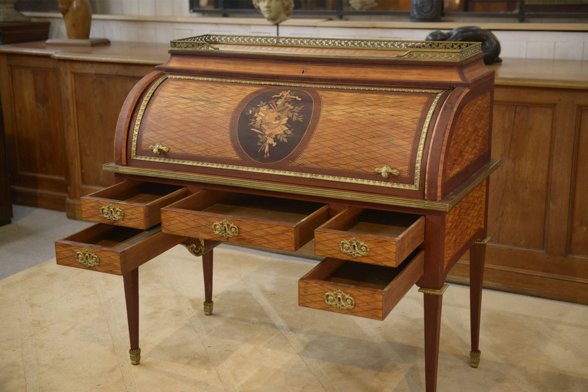 Louis XVI style cylinder desk in marquetry from the Napoleonic III period.