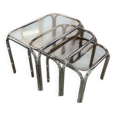 Ensemble de 3 tables gigognes / tables d'appoint chromées vintage