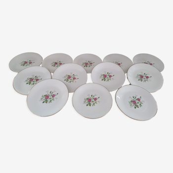 Lot de 12 assiettes plates en porcelaine de Gien France modèle pompadour