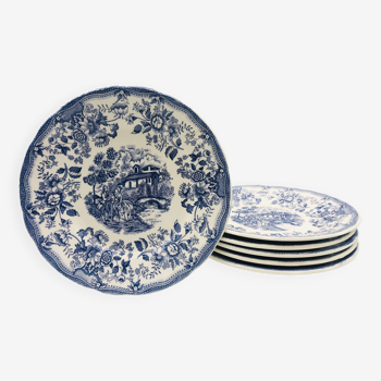 6 vintage blue flat plates “Toile de Jouy patterns”