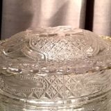 Butter dish or candy dish in pressed glass molded with golden rim