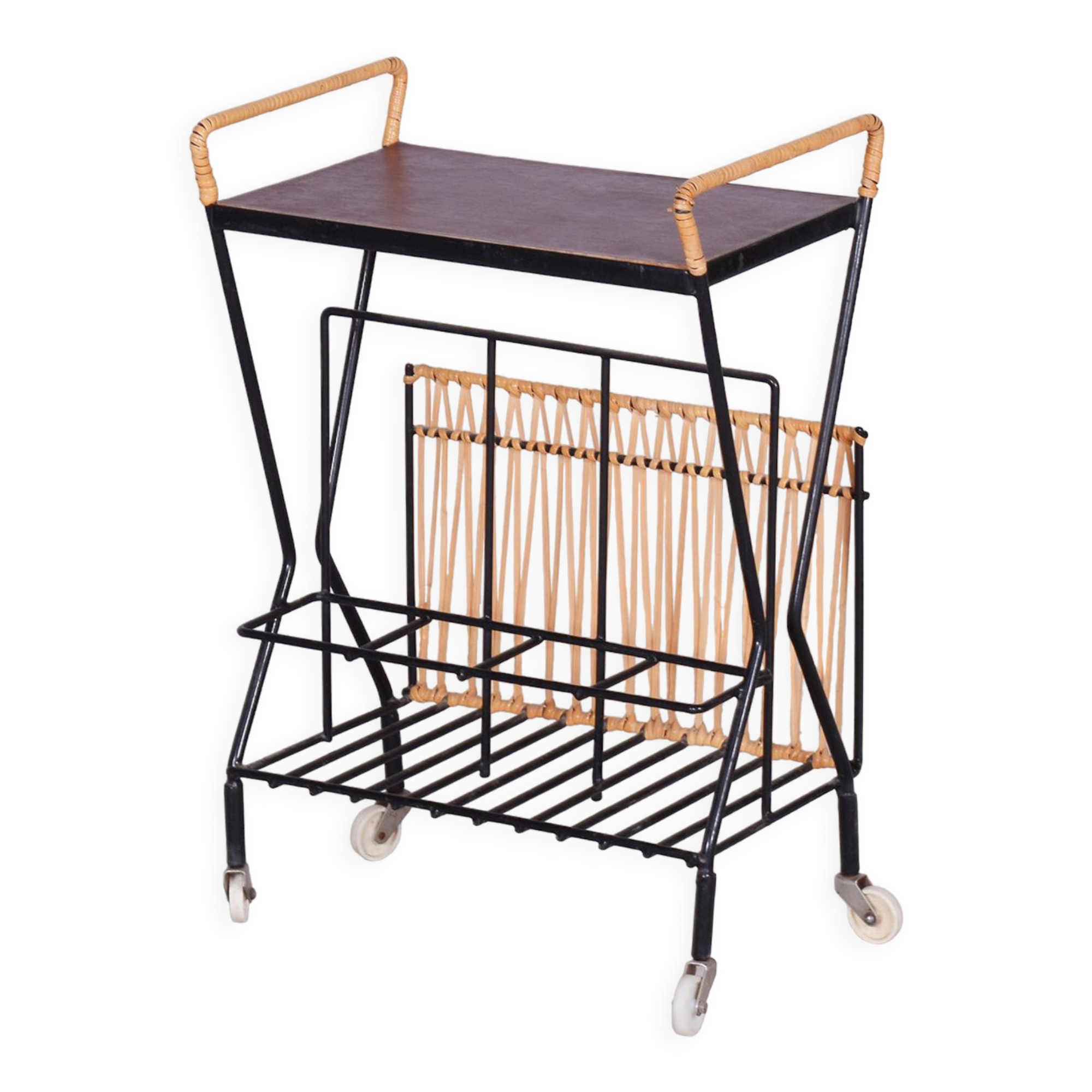 Original midcentury side table, metal, rattan, scandinavia, 1960s