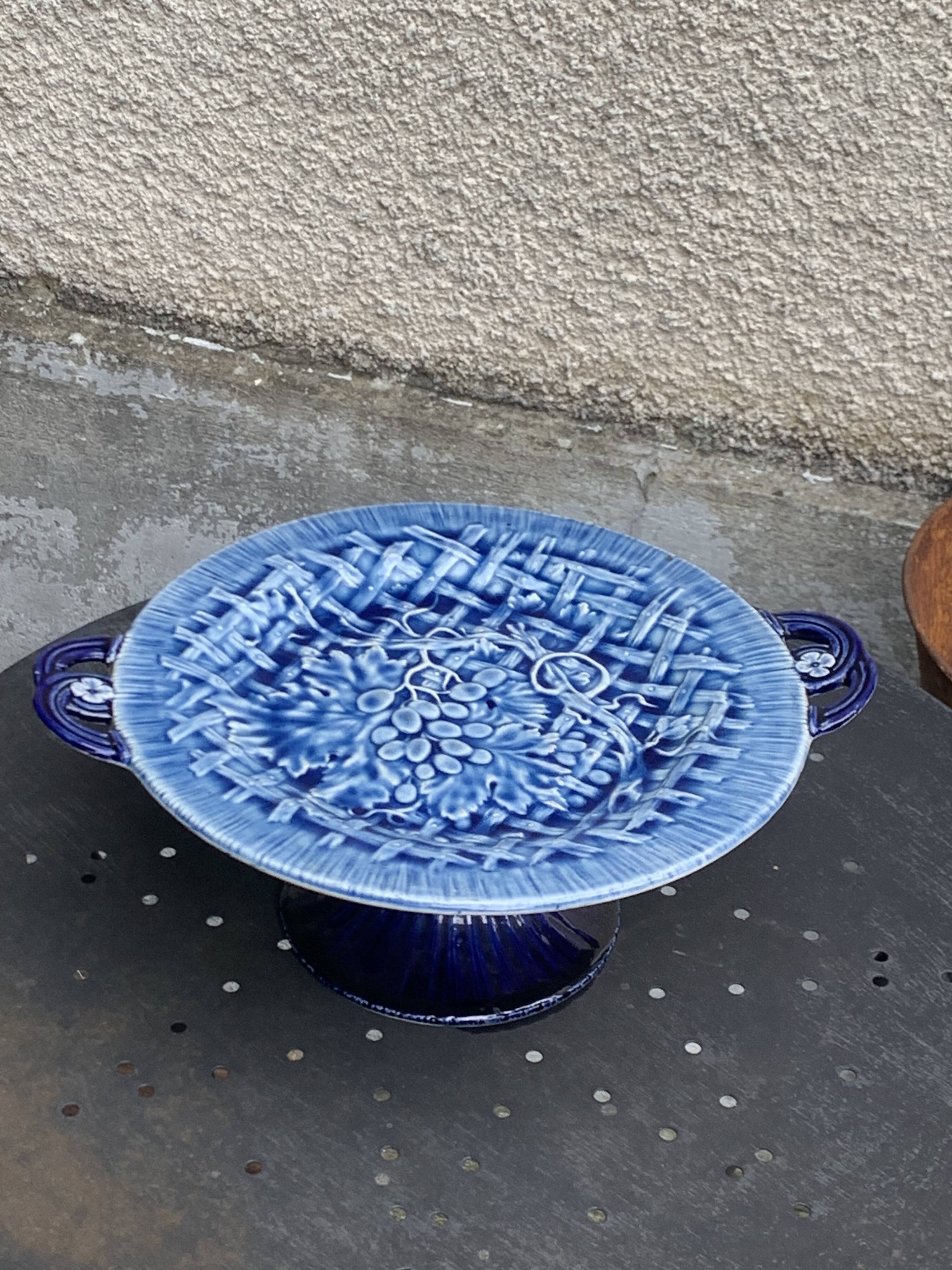 Fruit bowl, blue earthenware compote dish, slip, grape model, HBC