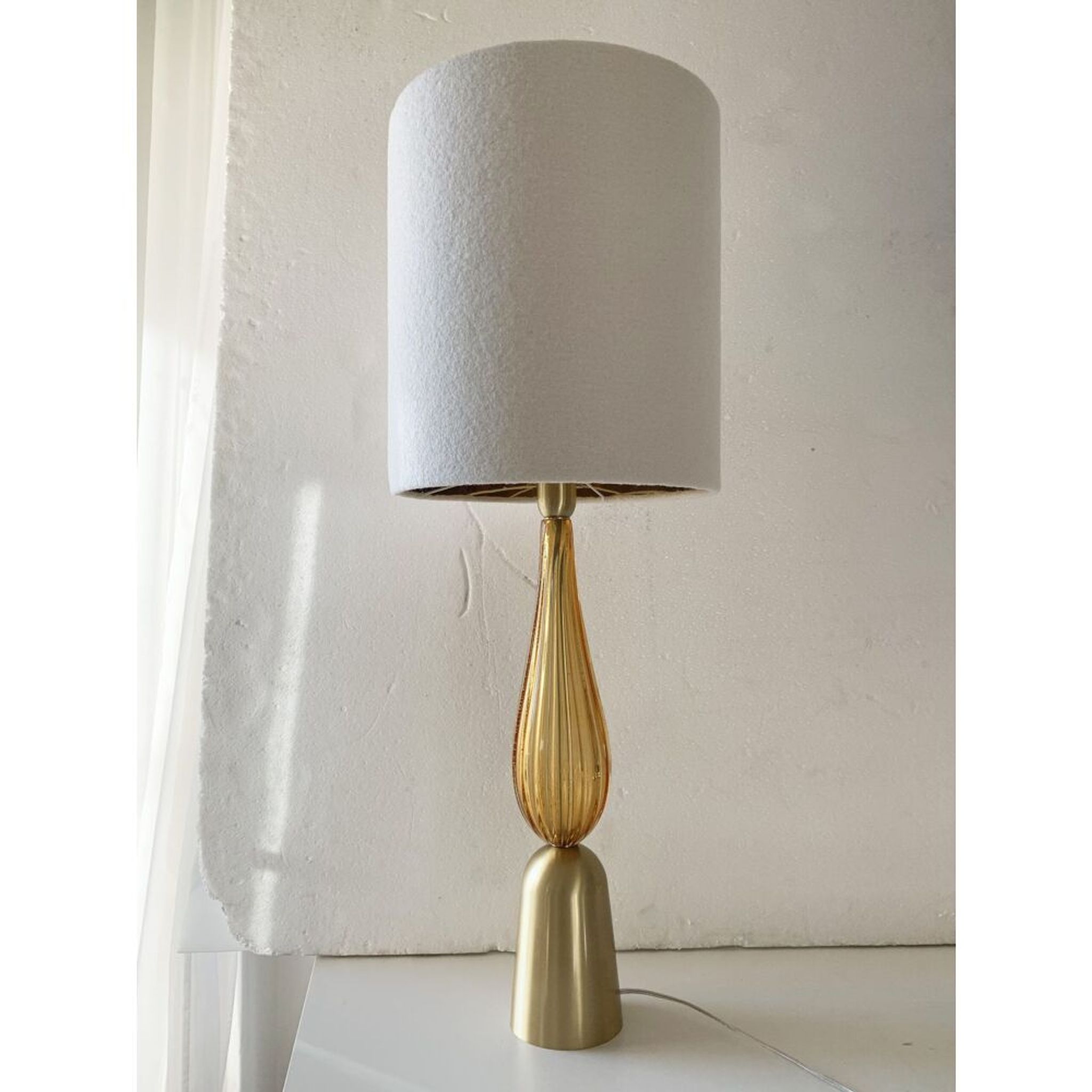 Amber and gold murano glass table lamps with bouclé lampshde