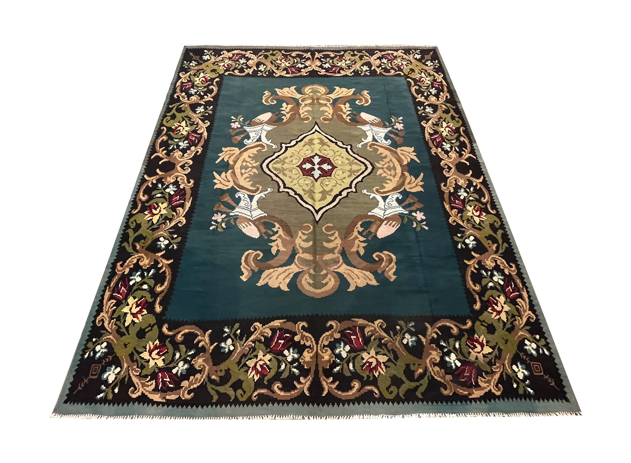 Teal Green Kilim Rug Handwoven Oriental Carpet Moldavian Area Square Rug