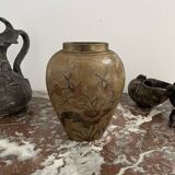 Vase, oblong shape, solid brass, bronze color, cloisonné enamel, floral decoration, flower, orange