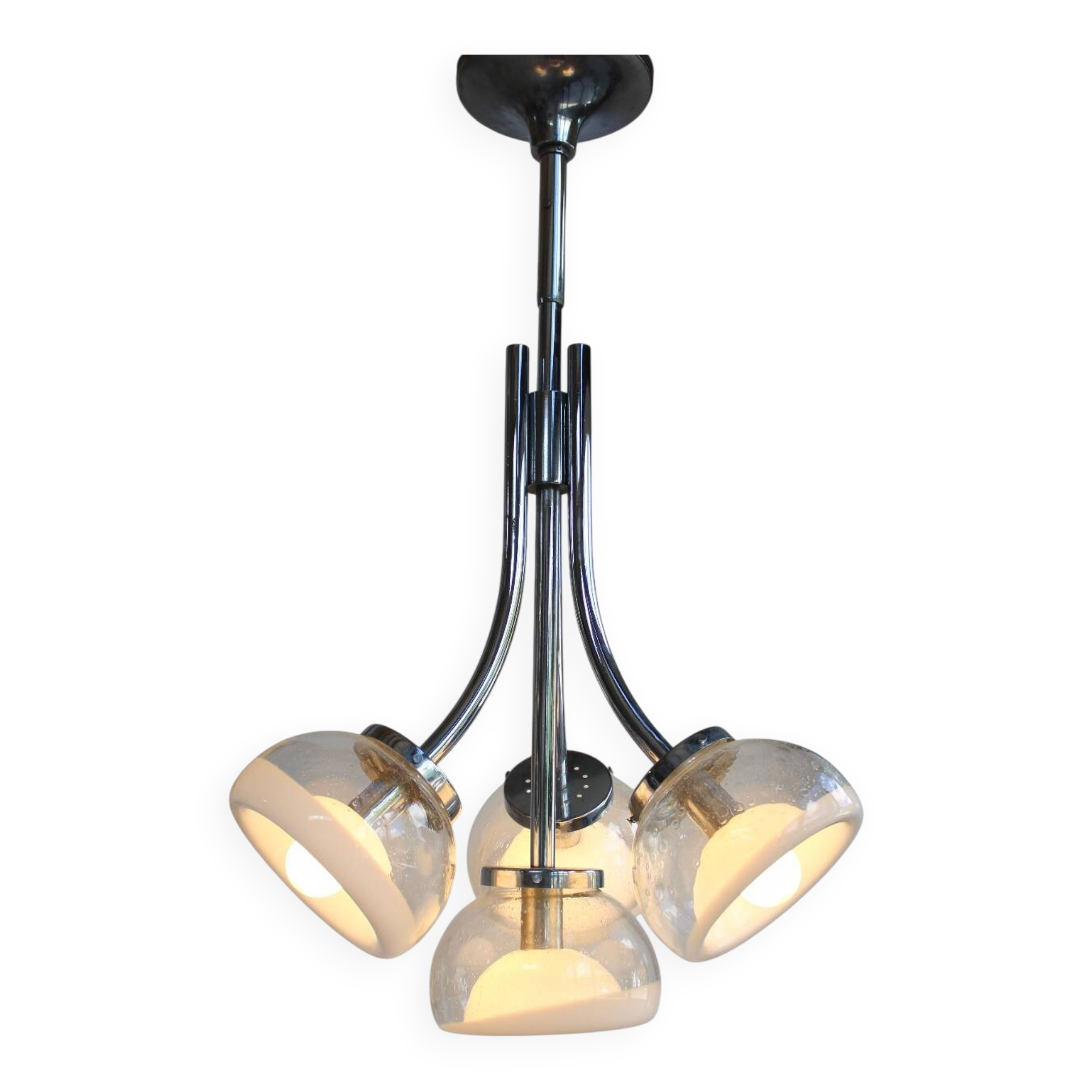 Gaetano Sciolari attr. four arm Murano glass chrome chandelier, 1970s