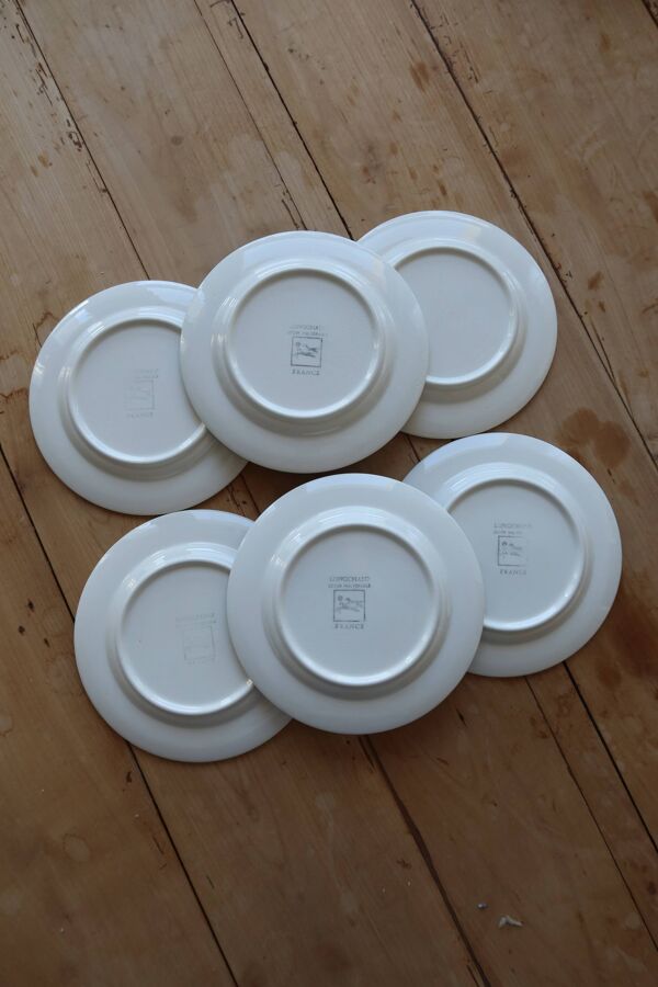 6 assiettes à dessert vintage estampillées Longchamp liseré fleuri