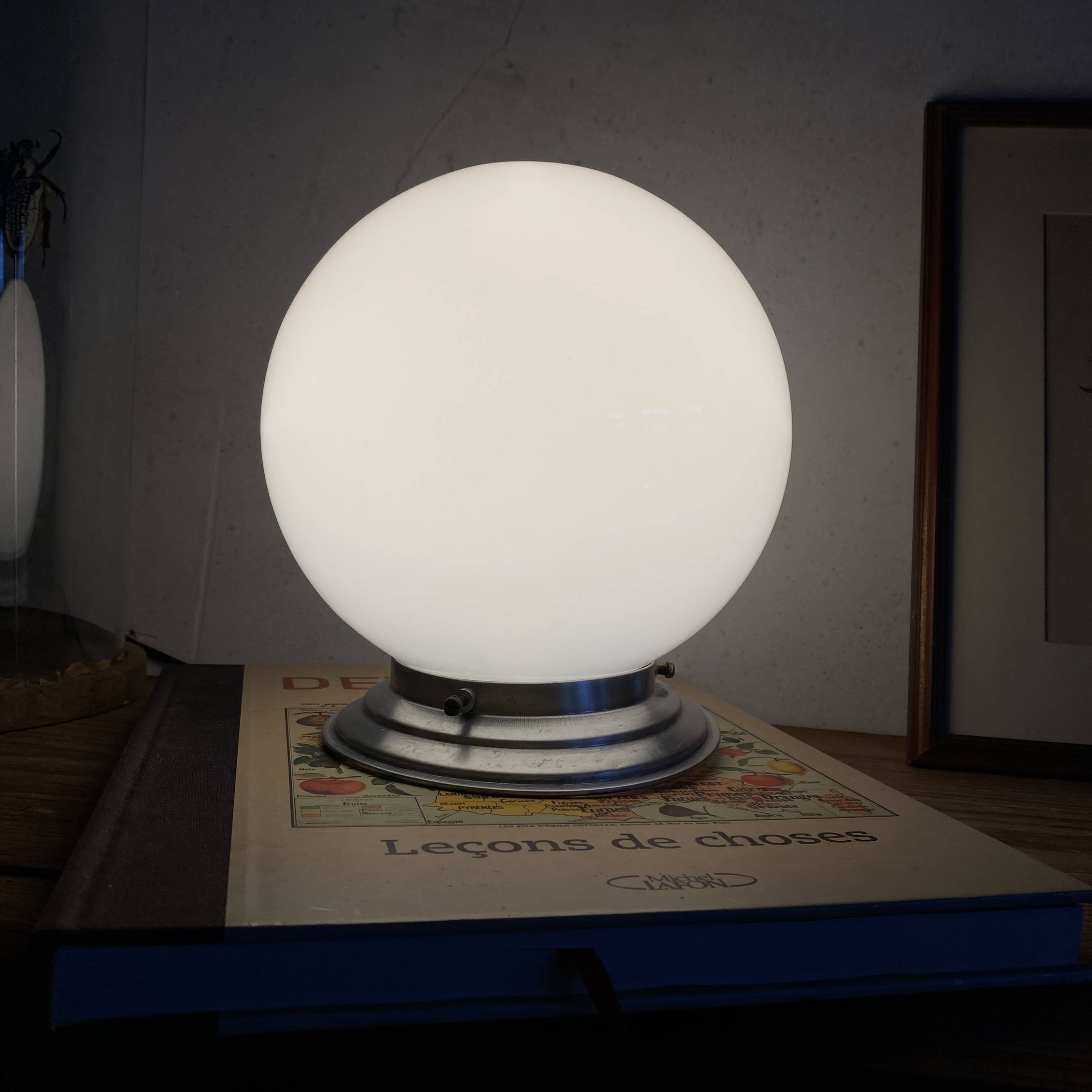 Ceiling light or wall light with white opal glass globe, 20 cm, aluminium rose.
