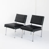 Pair of vintage low armchairs in chrome metal and skaï, Spain 1970