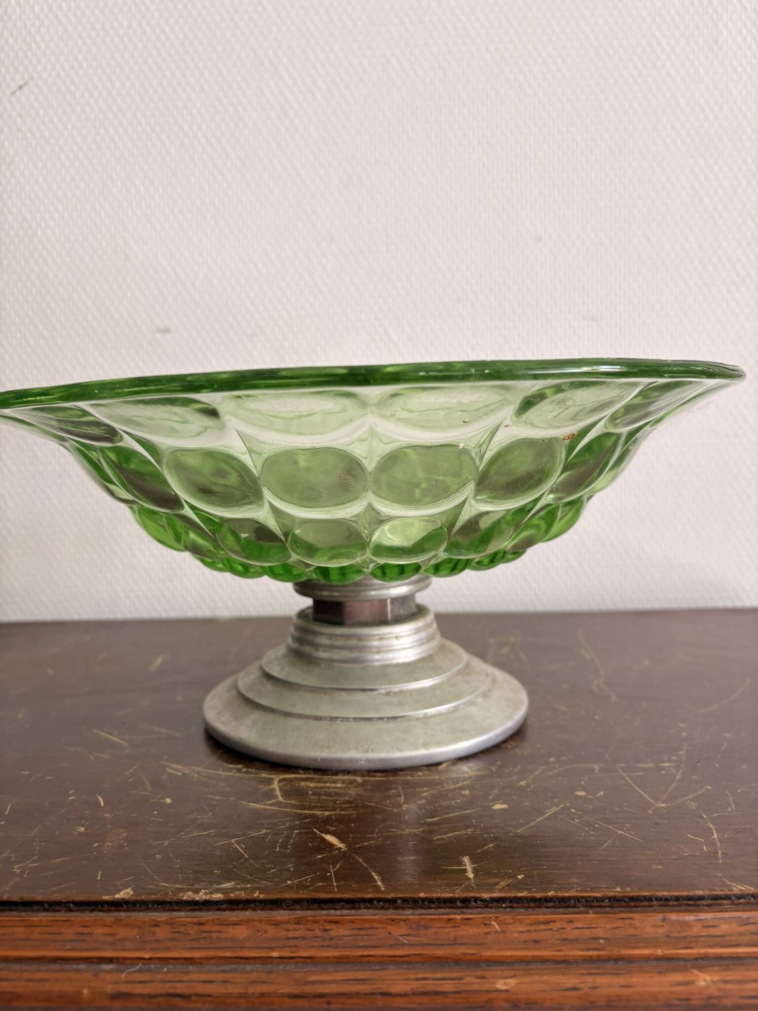 Art Deco Green Moulded Glass Coupe Centre Table with Metal Space Age Base