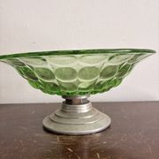 Art Deco Green Moulded Glass Coupe Centre Table with Metal Space Age Base