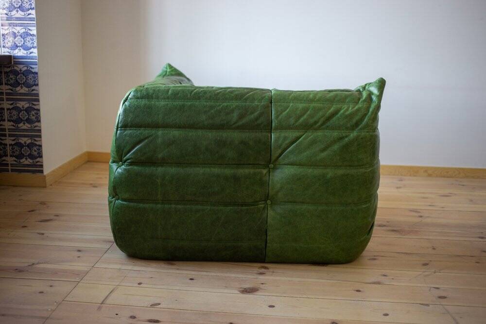 Ensemble de salon Togo en cuir vert, signé Michel Ducaroy pour Ligne Roset, 1979, ensemble de 5 pièces
