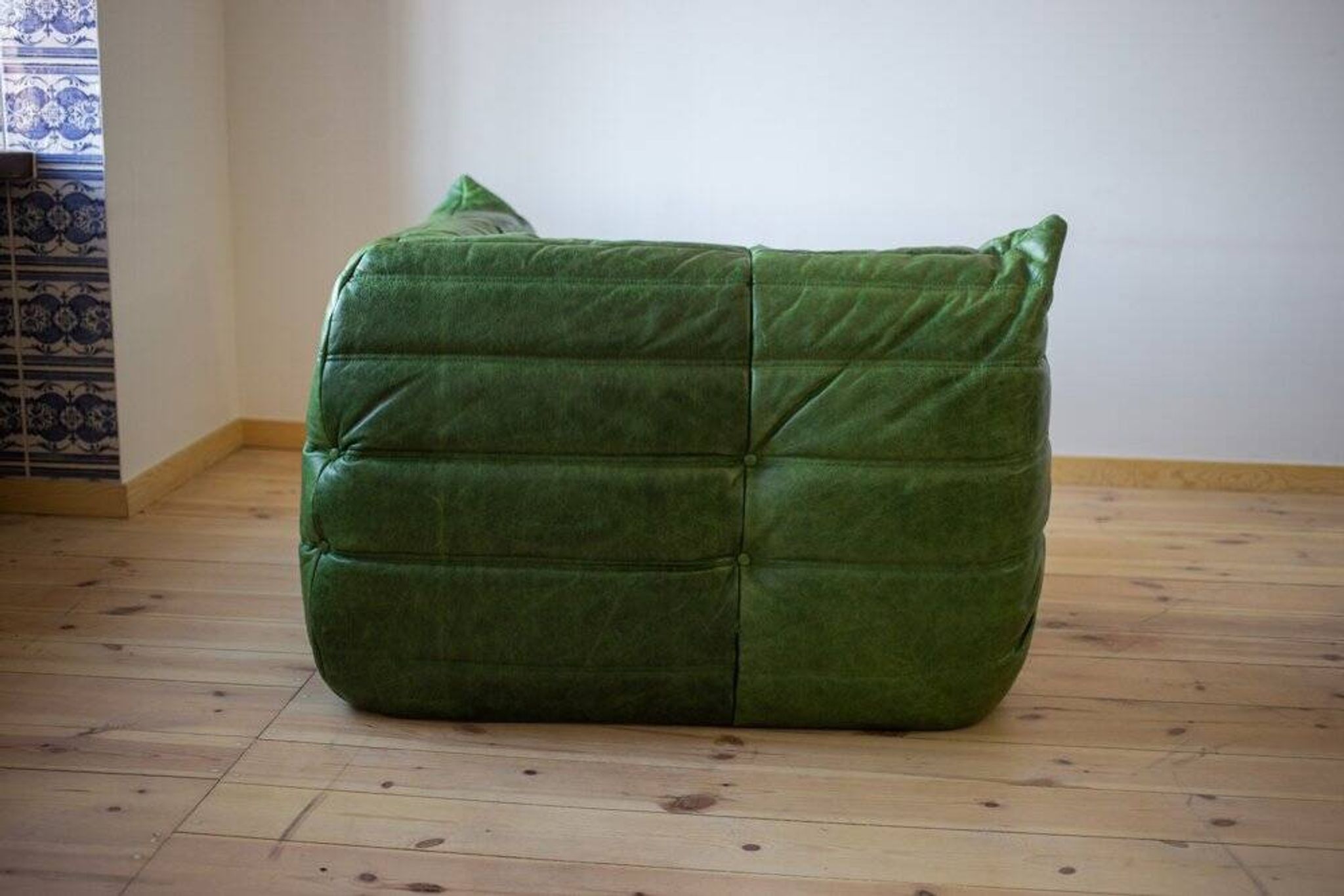 Green leather Togo living room set by Michel Ducaroy for Ligne Roset, 1979, set of 5