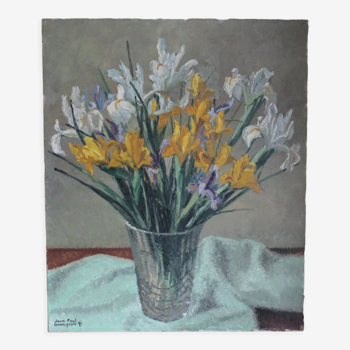 Oil painting on canvas bouquet of iris signed and side