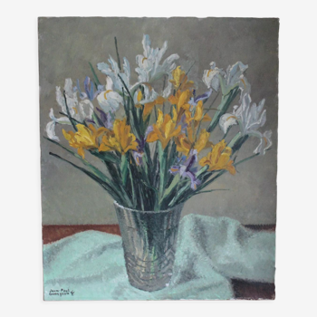 Tableau huile sur toile bouquet d'iris signé et côté